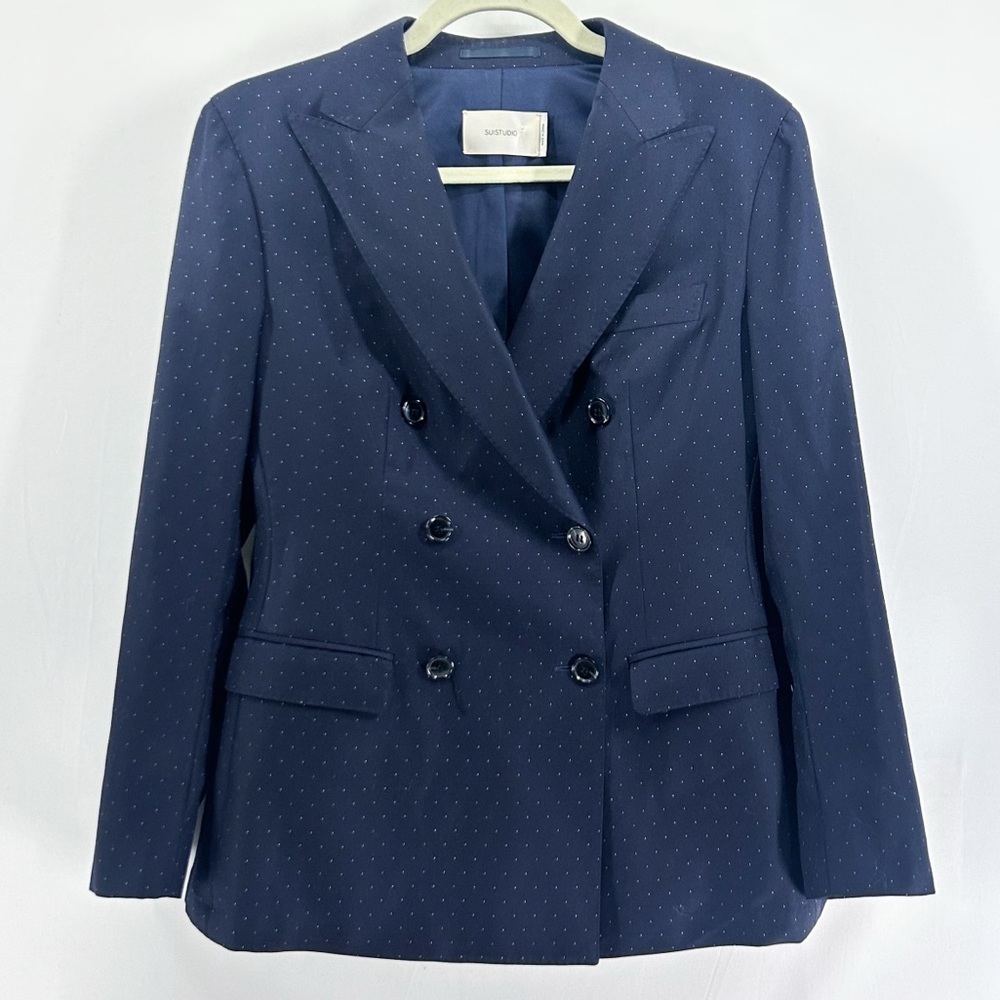 SUISTUDIO Navy Blue Polka Dot Double Breasted Blazer VBC Italian Wool Size 40S